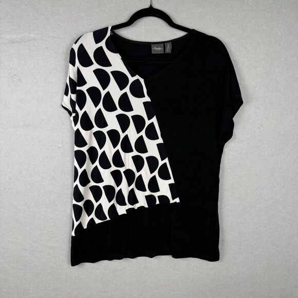 Chico's Top Womens Sz 2 Large Black and White Liquid Slinky Knit Sleeve V-Neck - Picture 1 of 6